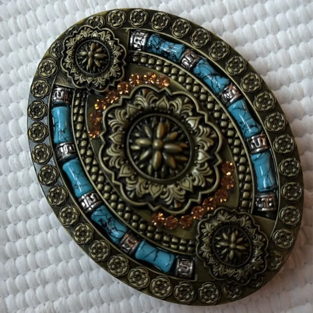Western Cowboy Style Metal Buckle – Ornate Design with Turquoise Accents